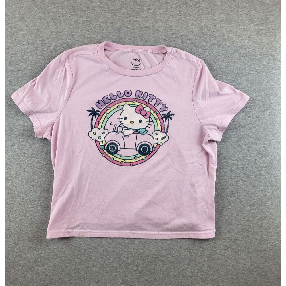 Hello Kitty Sanrio Women's XL Pink Car Palm Trees T‎ Shirt 100% Cotton Soft